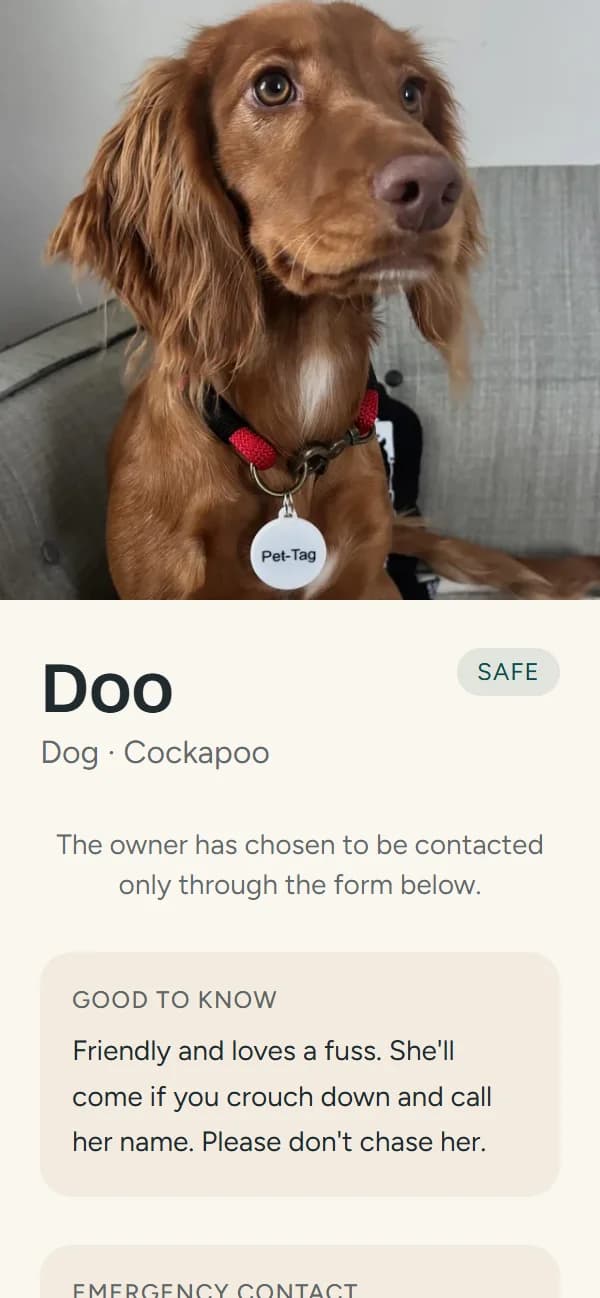 The page a finder sees when they scan Doo's tag: her photo, her name and notes from her owner